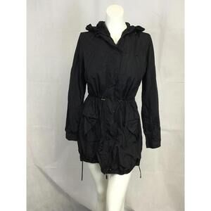 [308] Jacket Womens M Black Hooded Lightweight Parka Drawstring Waist Pockets